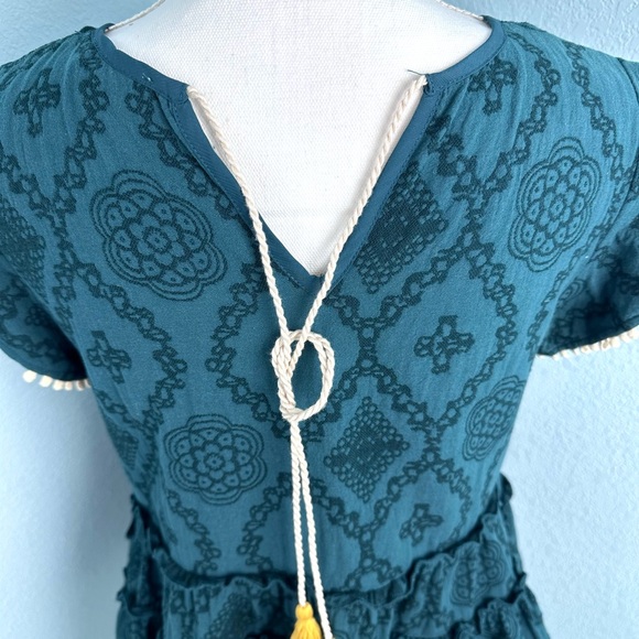 THML Blouse Size Small Emerald Green Peplum Pom Pom Trim Tassel Back Tie - Picture 8 of 10